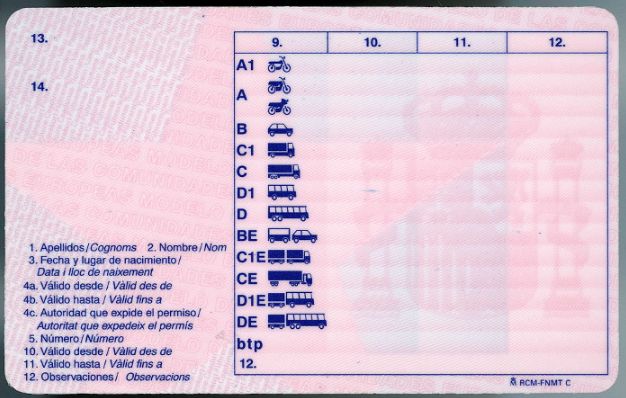Spain Driving Licence back